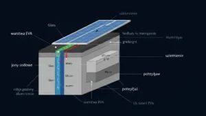 Schemat mechanizmu degradacji PID w panelu fotowoltaicznym: przepływ jonów sodowych przez warstwę EVA pod wpływem wysokiego potencjału elektrycznego i wilgotności