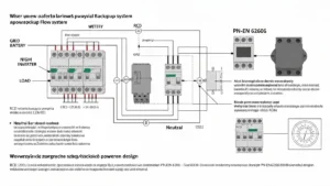 Schemat podrozdzielni backup z rozłącznikiem, magazynem energii i obwodami krytyczynnymi