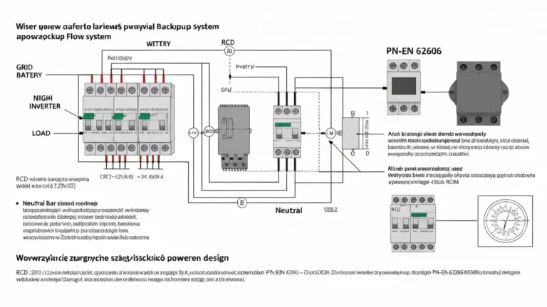 Schemat podrozdzielni backup z rozłącznikiem, magazynem energii i obwodami krytyczynnymi