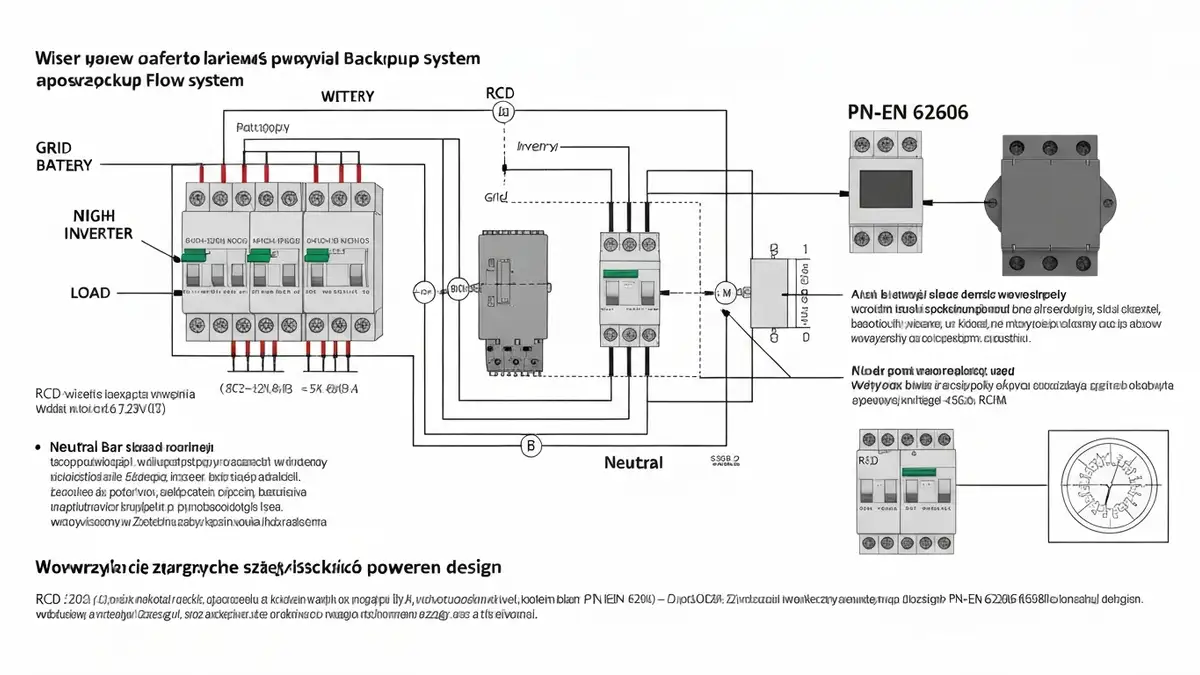 Schemat podrozdzielni backup z rozłącznikiem, magazynem energii i obwodami krytyczynnymi