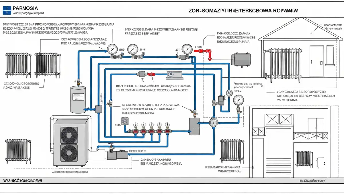 Schemat podłączenia pompy ciepła powietrze-woda do systemu starych grzejników w domu jednorodzinnym