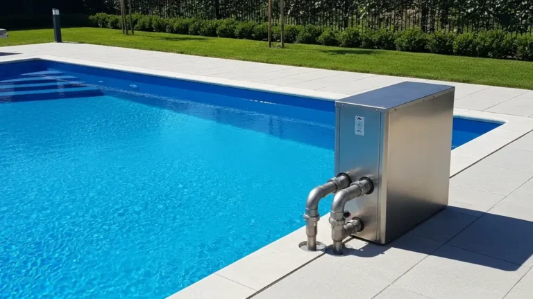 Pompa ciepła basenowa zainstalowana obok basenu zewnętrznego z podłączeniami hydrauliczno-elektrycznymi
