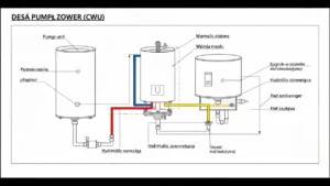 Diagram instalacji pompy ciepła do ciepłej wody użytkowej z zbiornikiem i połączeniami hydraulicznymi