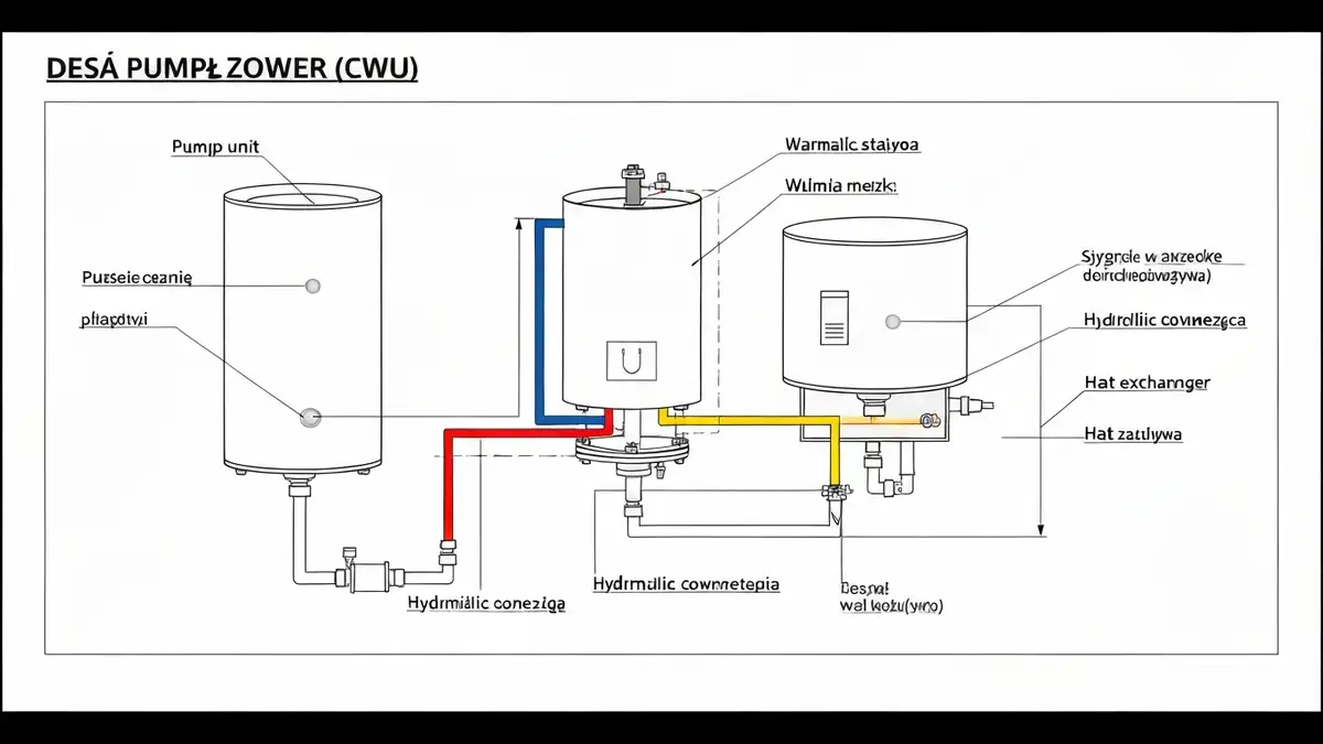 Diagram instalacji pompy ciepła do ciepłej wody użytkowej z zbiornikiem i połączeniami hydraulicznymi