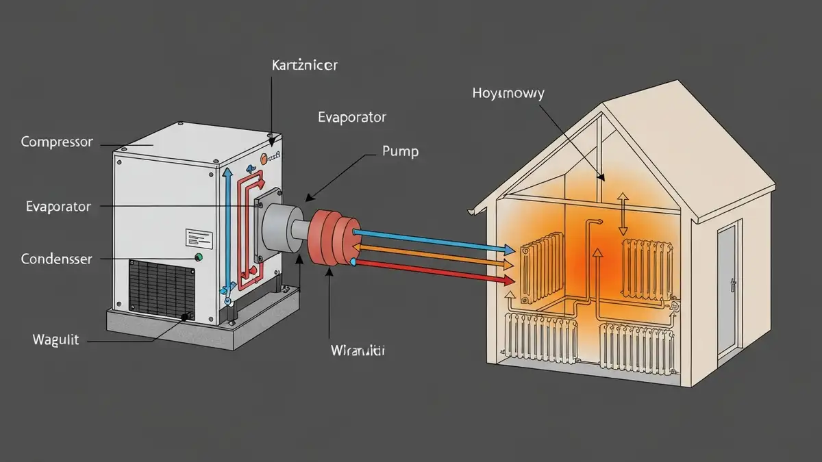 Schematyczny diagram pompy ciepła powietrze-woda 8–12 kW podłączonej do systemu grzewczego domu 100 m² z grzejnikami i wyznaczonym wyjściem ciepłej wody