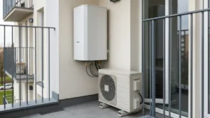 Pompa ciepła split zainstalowana na balkonie mieszkania w bloku - jednostka wewnętrzna i zewnętrzna