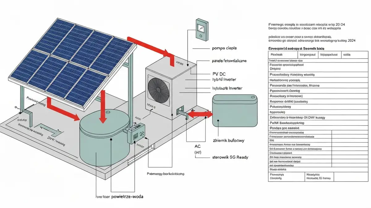 Schemat systemu pompy ciepła powietrze-woda połączonej z panelami fotowoltaicznymi i zbiornikiem buforowym, z zaznaczonymi przepływami energii elektrycznej i ciepła oraz sterowaniem SG Ready