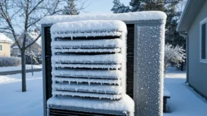 Pompa ciepła na balkonie w mrozie -20°C, zaśnieżona, z szronem na wymienniku
