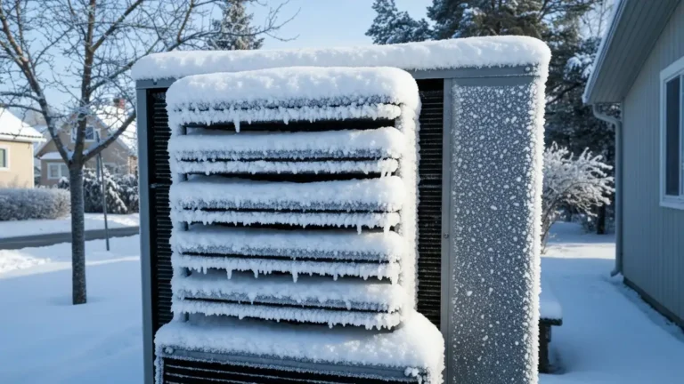 Pompa ciepła na balkonie w mrozie -20°C, zaśnieżona, z szronem na wymienniku