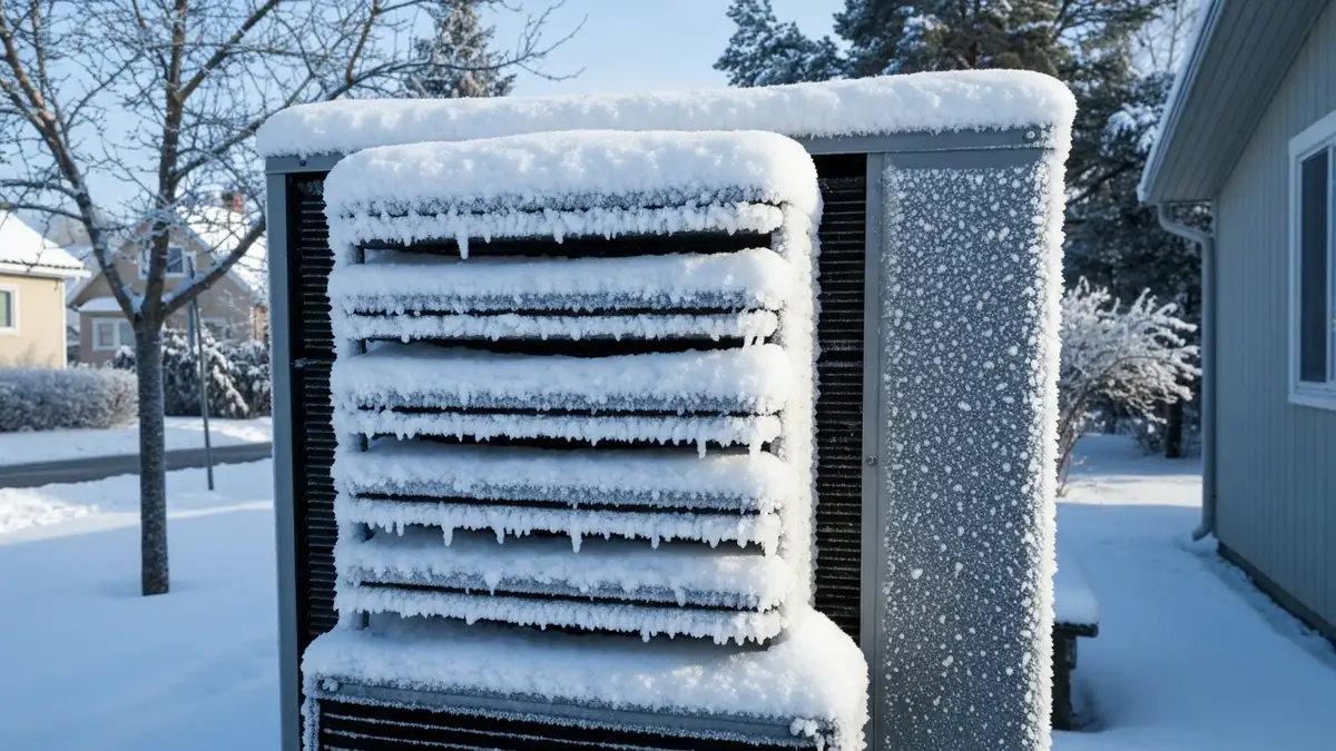 Pompa ciepła na balkonie w mrozie -20°C, zaśnieżona, z szronem na wymienniku