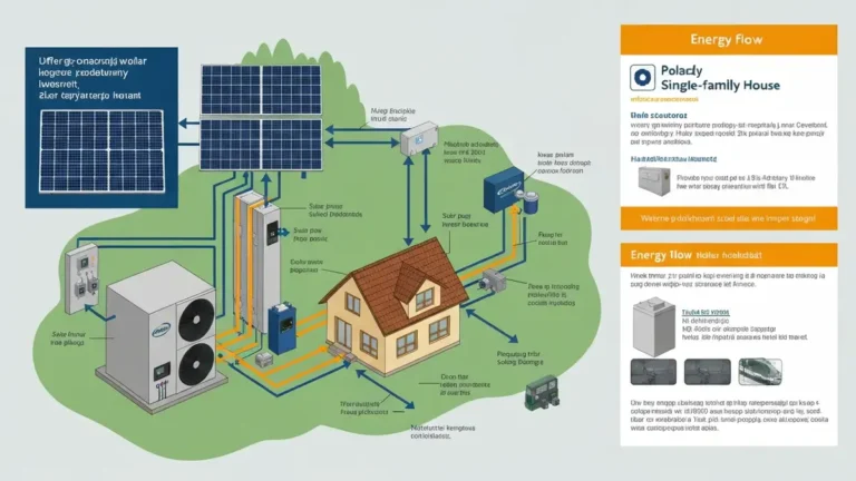 Schemat systemu pompy ciepła w trybie off-grid z panelami słoneczymi, magazynem energii i domem jednorodzinnym