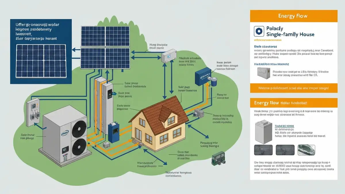 Schemat systemu pompy ciepła w trybie off-grid z panelami słoneczymi, magazynem energii i domem jednorodzinnym