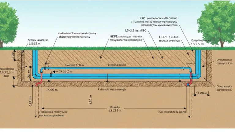 Schematyczny rysunek kolektora poziomego w gruncie z wymiarami i ułożeniem rur poniżej domu