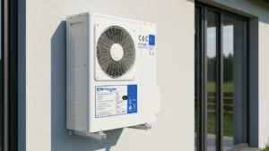 Porównanie pomp ciepła R290 powietrze-woda i powietrze-powietrze - widok urządzenia z parametrami technicznymi i znaczkami CE