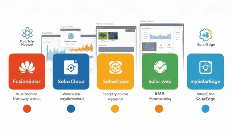 Porównanie czterech platform EMS: FusionSolar, SolaxCloud, Solar.web, mySolarEdge z ikonami i logami producentów