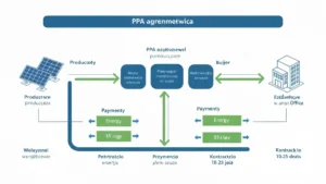 Schemat umowy PPA między producentem energii OZE a odbiorcą - długoterminowa umowa na zakup energii ze źródła fotowoltaiki