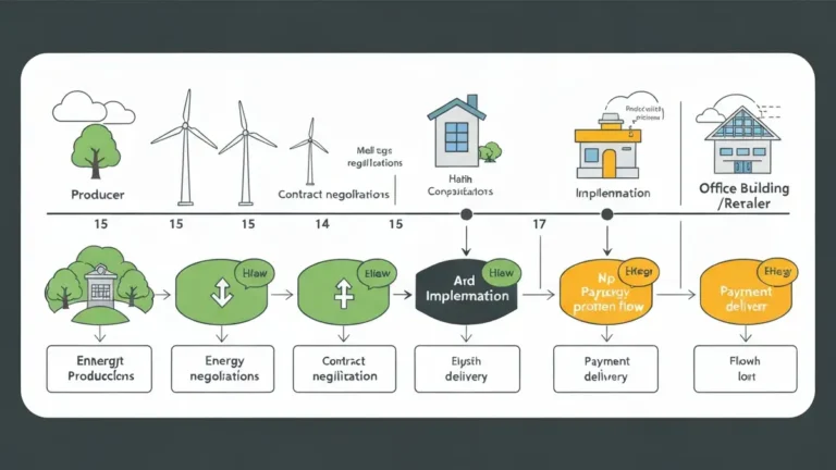Schemat działania umowy PPA – przepływ energii i płatności między producentem OZE a firmą odbiorcy