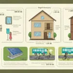 Schematyczny diagram programu Stop Smog: domek jednorodzinny z zaznaczonymi pracami termomodernizacyjnymi i OZE, ilości dotacji