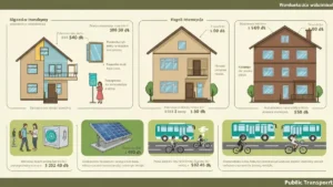 Schematyczny diagram programu Stop Smog: domek jednorodzinny z zaznaczonymi pracami termomodernizacyjnymi i OZE, ilości dotacji