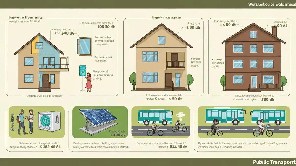 Schematyczny diagram programu Stop Smog: domek jednorodzinny z zaznaczonymi pracami termomodernizacyjnymi i OZE, ilości dotacji