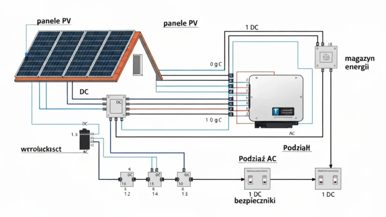 Przykład schematu technicznego instalacji fotowoltaicznej z panelami, falownikiem i magazynem energii