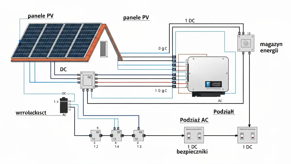 Przykład schematu technicznego instalacji fotowoltaicznej z panelami, falownikiem i magazynem energii