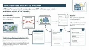 Schematyczne przedstawienie statusu podatnika VAT dla prosumenta z panelami fotowoltaicznymi na dachu domu i fakturą