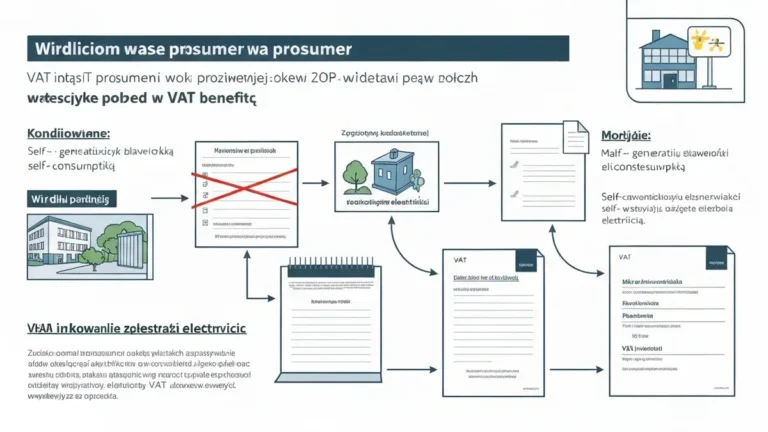Schematyczne przedstawienie statusu podatnika VAT dla prosumenta z panelami fotowoltaicznymi na dachu domu i fakturą