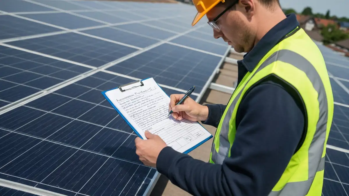 Technik instalator zapisujący wyniki pomiarów w protokole odbioru instalacji fotowoltaicznej na dachu domu