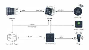 Schemat komunikacji protokołów OZE (Modbus, SunSpec, MQTT, OCPP) między inwerterem, magazynem energii a systemem smart home