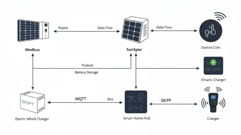 Schemat komunikacji protokołów OZE (Modbus, SunSpec, MQTT, OCPP) między inwerterem, magazynem energii a systemem smart home