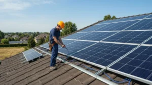 Elektryk w kasku bezpieczeństwa wykonujący przegląd paneli fotowoltaicznych na dachu budynku mieszkalnego, sprawdzający połączenia i parametry instalacji OZE