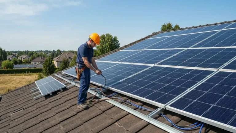 Elektryk w kasku bezpieczeństwa wykonujący przegląd paneli fotowoltaicznych na dachu budynku mieszkalnego, sprawdzający połączenia i parametry instalacji OZE