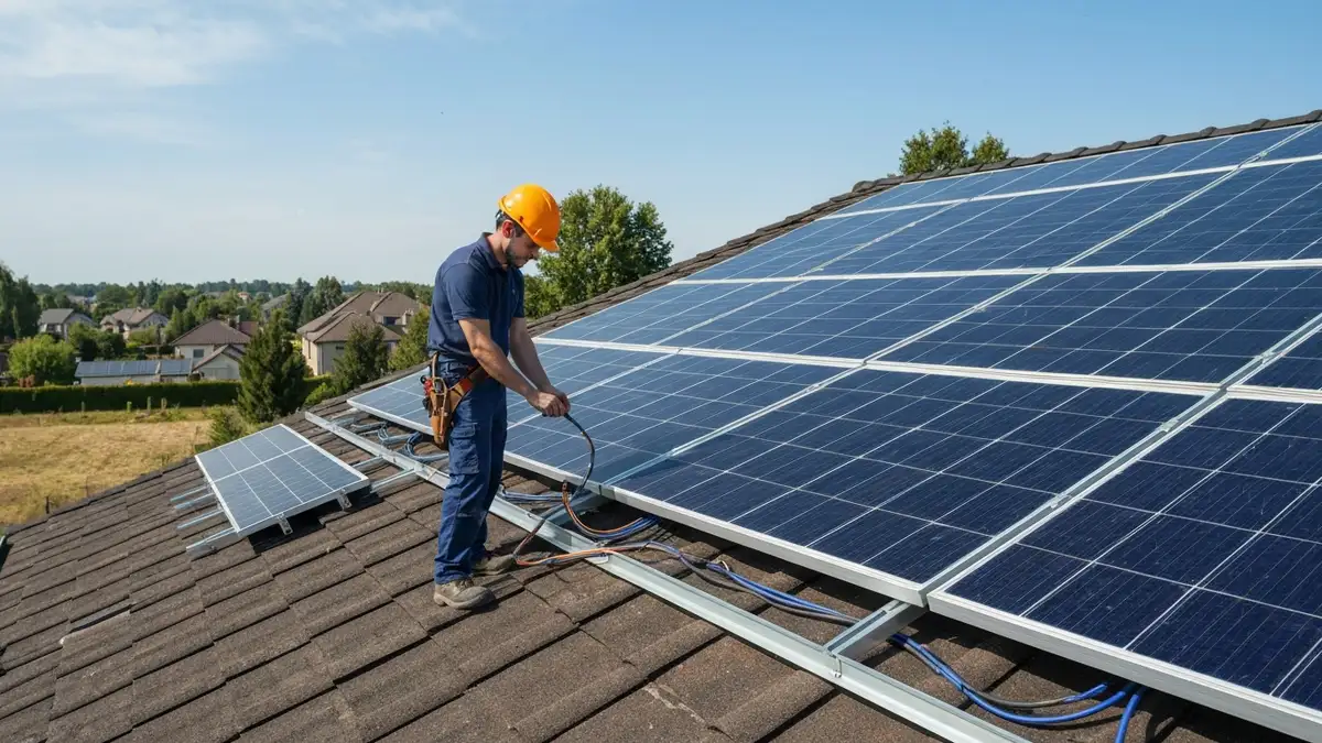 Elektryk w kasku bezpieczeństwa wykonujący przegląd paneli fotowoltaicznych na dachu budynku mieszkalnego, sprawdzający połączenia i parametry instalacji OZE