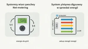 Porównanie net-meteringu i net-billingu – tabela z strzałkami przepływu energii do domu i do sieci