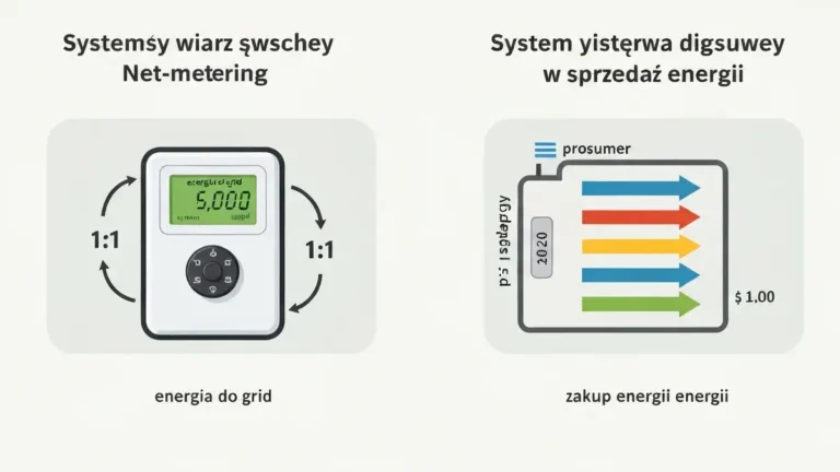 Porównanie net-meteringu i net-billingu – tabela z strzałkami przepływu energii do domu i do sieci