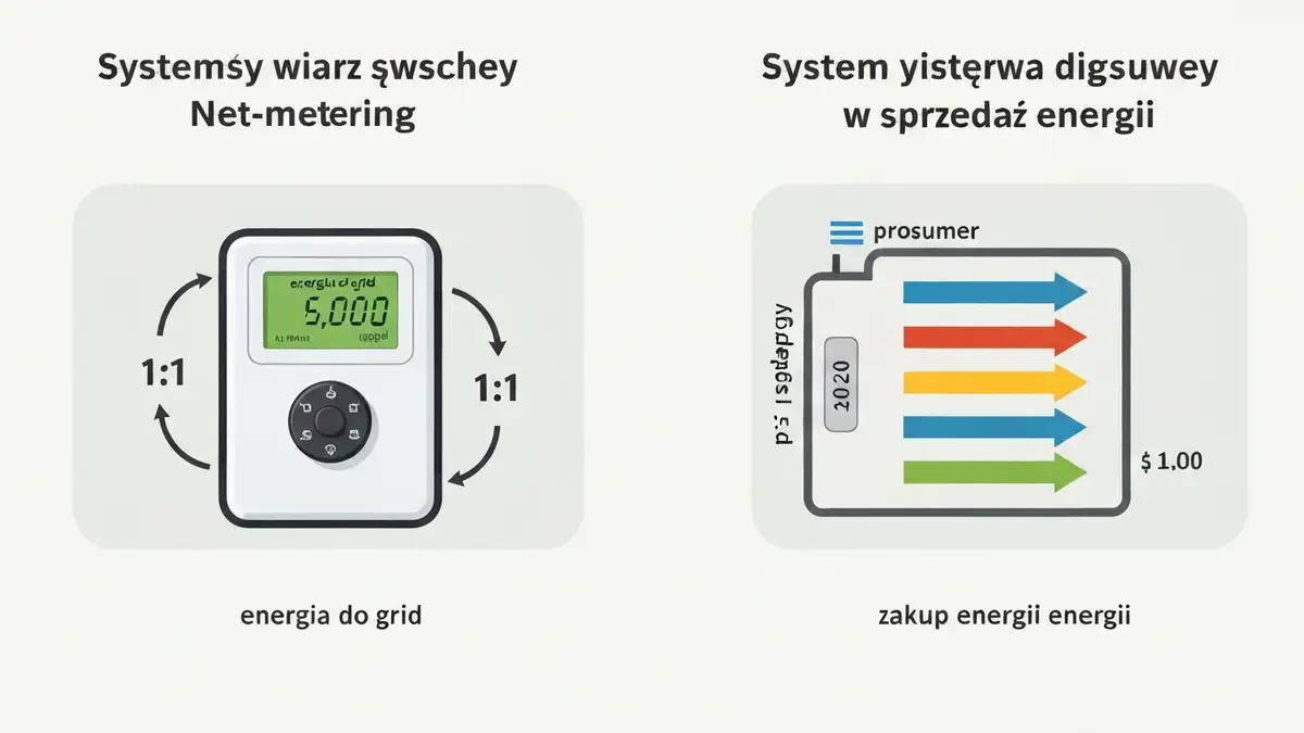 Porównanie net-meteringu i net-billingu – tabela z strzałkami przepływu energii do domu i do sieci