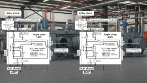 Schemat przyłącza elektrycznego do pompy ciepła z oznaczeniami faz, zabezpieczeń i przekrojów przewodu