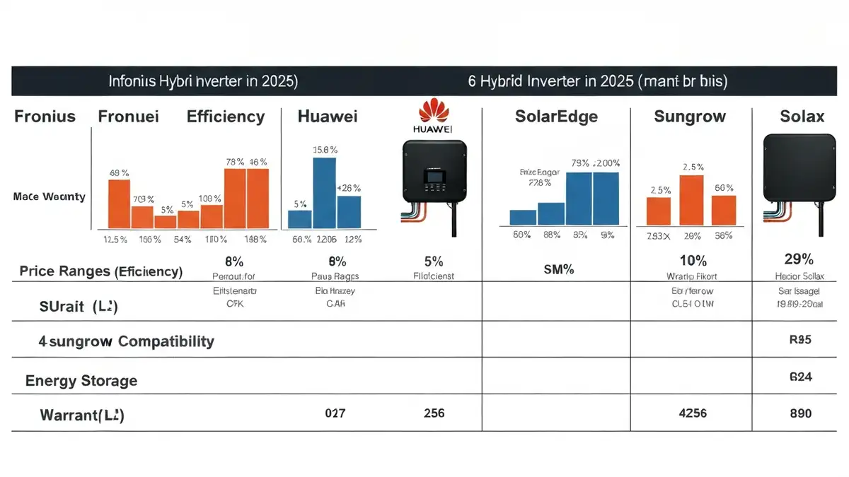 Tabela porównawcza sześciu falowników hybrydowych 2025 – Fronius, Huawei, SolarEdge, SMA, Sungrow, Solax z parametrami i cenami