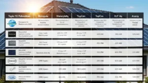 Porównanie topowych paneli fotowoltaicznych 2025 – najlepsze modele monokrystaliczne, TopCon i HJT z parametrami technicznymi na tle słonecznego domu jednorodzinnego