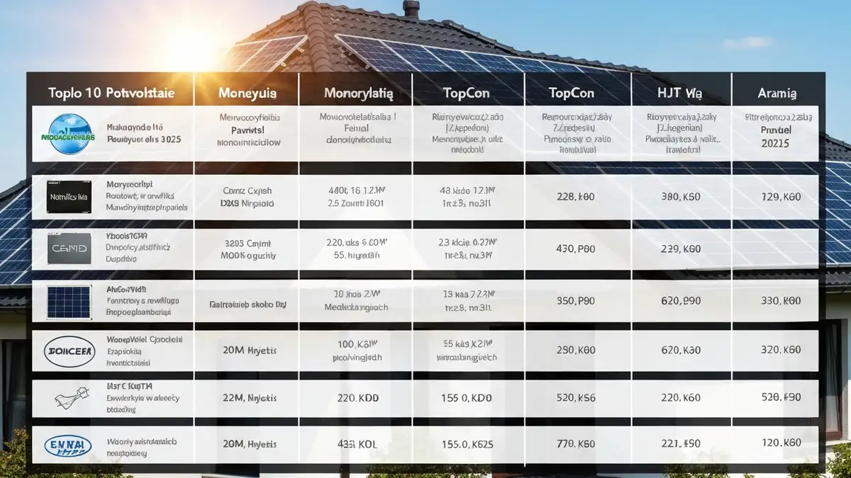 Porównanie topowych paneli fotowoltaicznych 2025 – najlepsze modele monokrystaliczne, TopCon i HJT z parametrami technicznymi na tle słonecznego domu jednorodzinnego