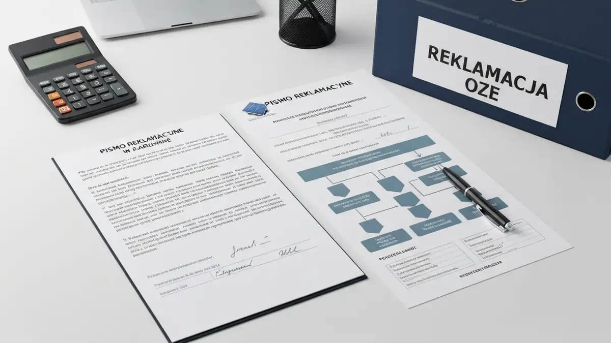 Dokument reklamacji instalacji fotowoltaicznej z pismem, dokumentami gwarancji i schematem procedury