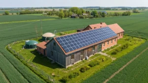 Małe gospodarstwo z panelami fotowoltaicznymi na dachu i cysterną na biogaz