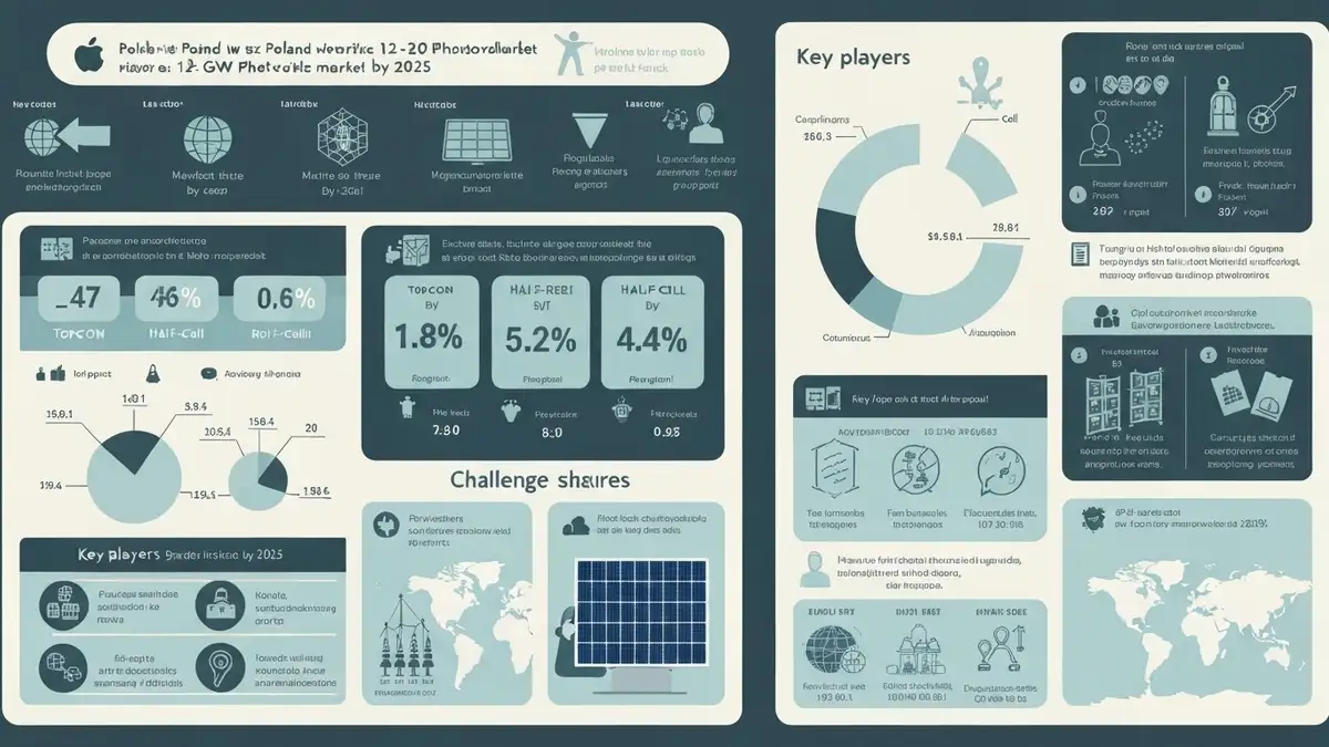 Infografika: rynek fotowoltaiki w Polsce 2025, moce zainstalowane w gigawatach, trendy technologiczne paneli PV