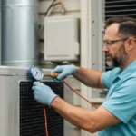 Technik serwisowy przeprowadzający przegląd pompy ciepła powietrze-woda - pomiar parametrów urządzenia