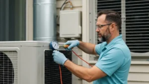 Technik serwisowy przeprowadzający przegląd pompy ciepła powietrze-woda - pomiar parametrów urządzenia
