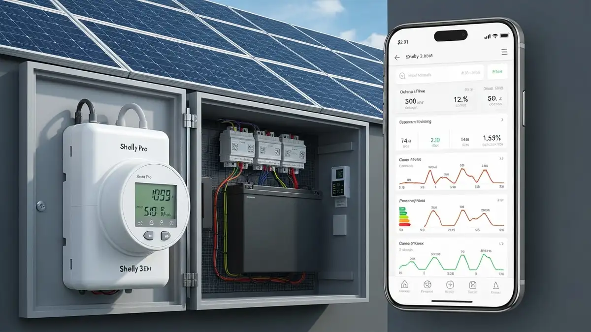 Shelly Pro 3EM zamontowany w rozdzielnicy głównej domu, wyświetlający monitoring energii z panelu fotowoltaiki i magazynu