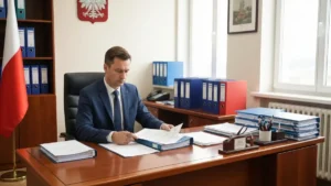 Biuro UOKiK z logo Urzędu Ochrony Konkurencji i Konsumentów, pracownik przeglądający dokumenty skargi konsumenckiej