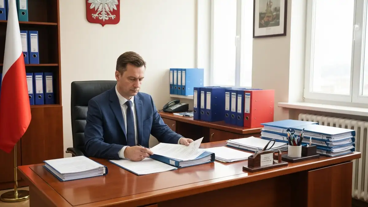 Biuro UOKiK z logo Urzędu Ochrony Konkurencji i Konsumentów, pracownik przeglądający dokumenty skargi konsumenckiej