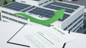 Fabryka z panelami fotowoltaicznymi na dachu i symbolem redukcji CO₂ oraz raportu ESG